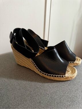 Celine Black Leather Espadrille Wedge Sandals | Jute Platform | 8.5